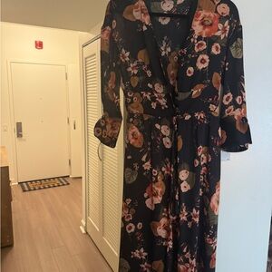 Zara Pink and Orange Long Sleeve Sundress with Plunge Neckline